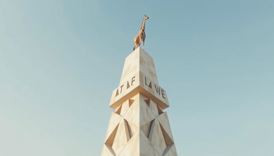 Abstract scene of a giraffe and person atop a tower, clear sky.