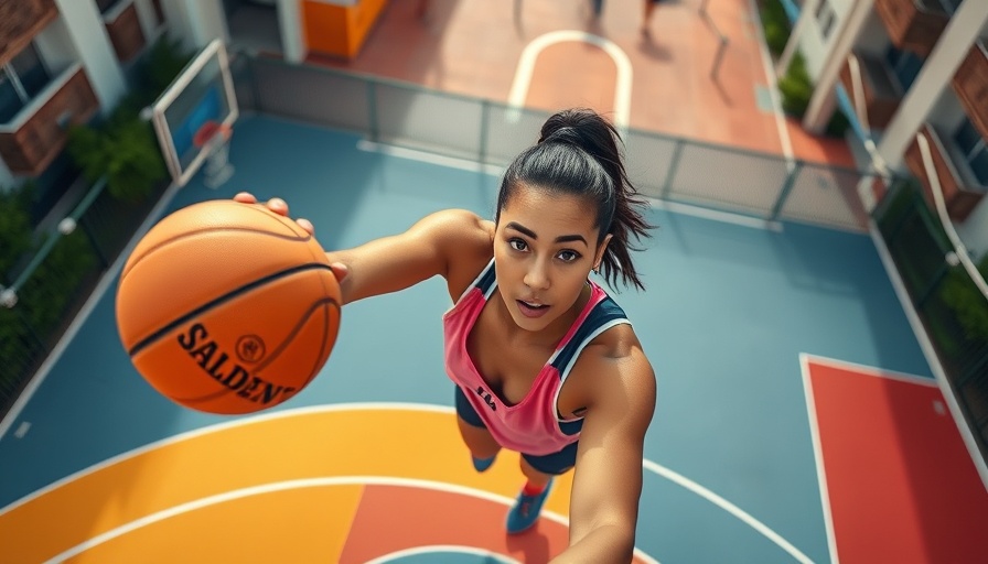 Aerial view of woman playing basketball on colorful court