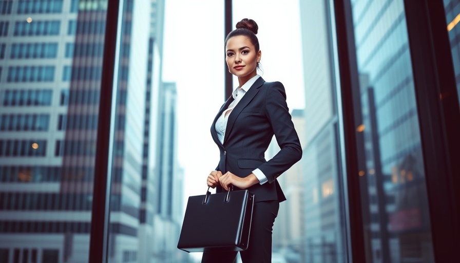 Confident woman in business suit holding briefcase in modern office.