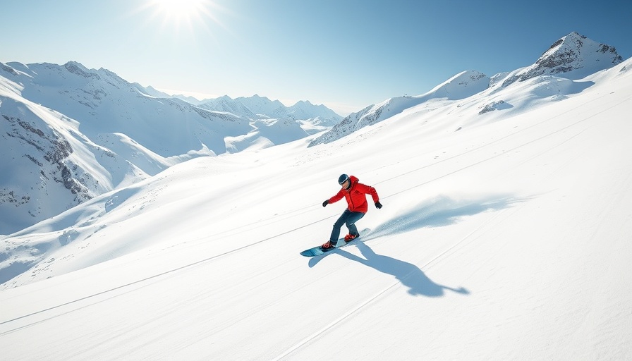 Lone snowboarder on sunlit snowy mountainside, creating elegant trails.