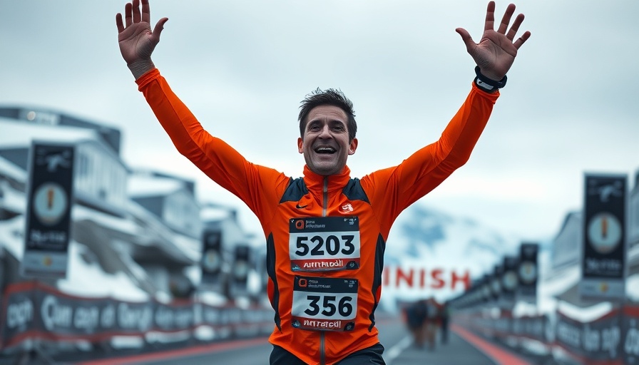 Energetic marathon runner celebrating at Antarctica Marathon finish.