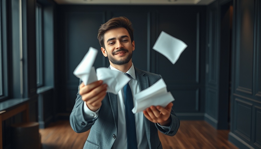 Young man throwing paper in office, concept of business challenges.