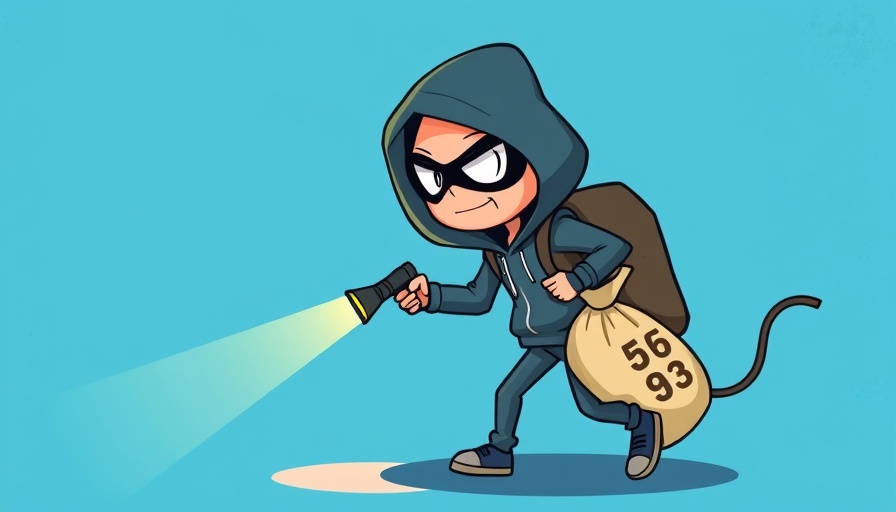 Whimsical cartoon hacker with sack of numbers, digital heist theme.