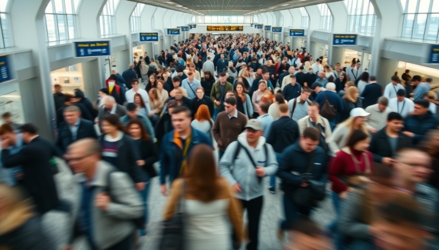 Dynamic airport crowd reflecting flight delays and cancellations