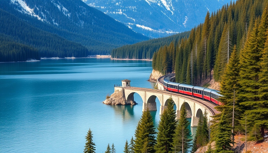 Scenic train trip in British Columbia crossing a lake.