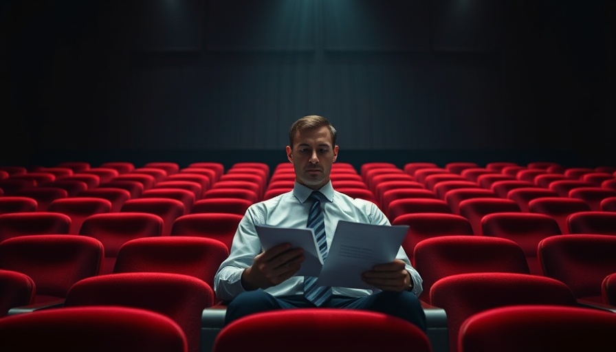 Leader in empty auditorium after delivering bad news, reviewing papers.