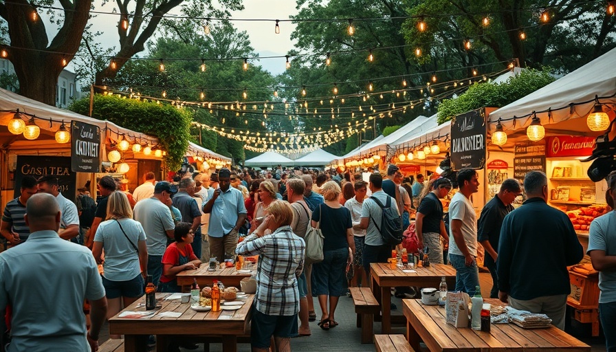 Vibrant public market scene with community engagement under string lights.