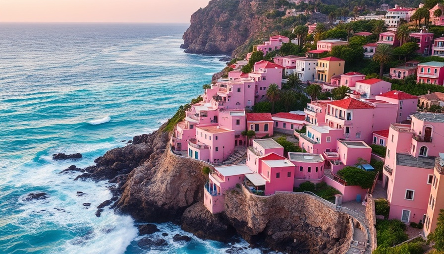 Coastal town with pink houses and turquoise waters for travel inspiration.