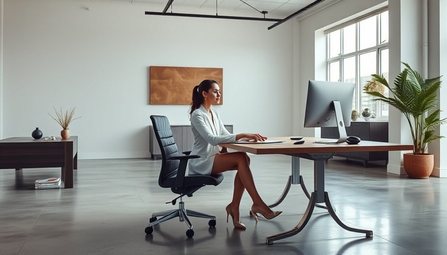Elegant businesswoman working at a modern desk in a minimalistic office.