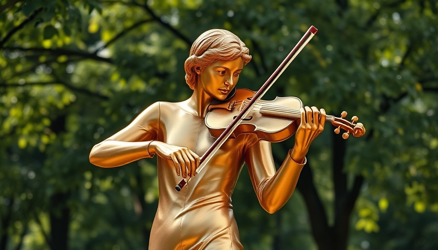 Golden violinist statue in lush European park, symbolizing Europe's musical cities.