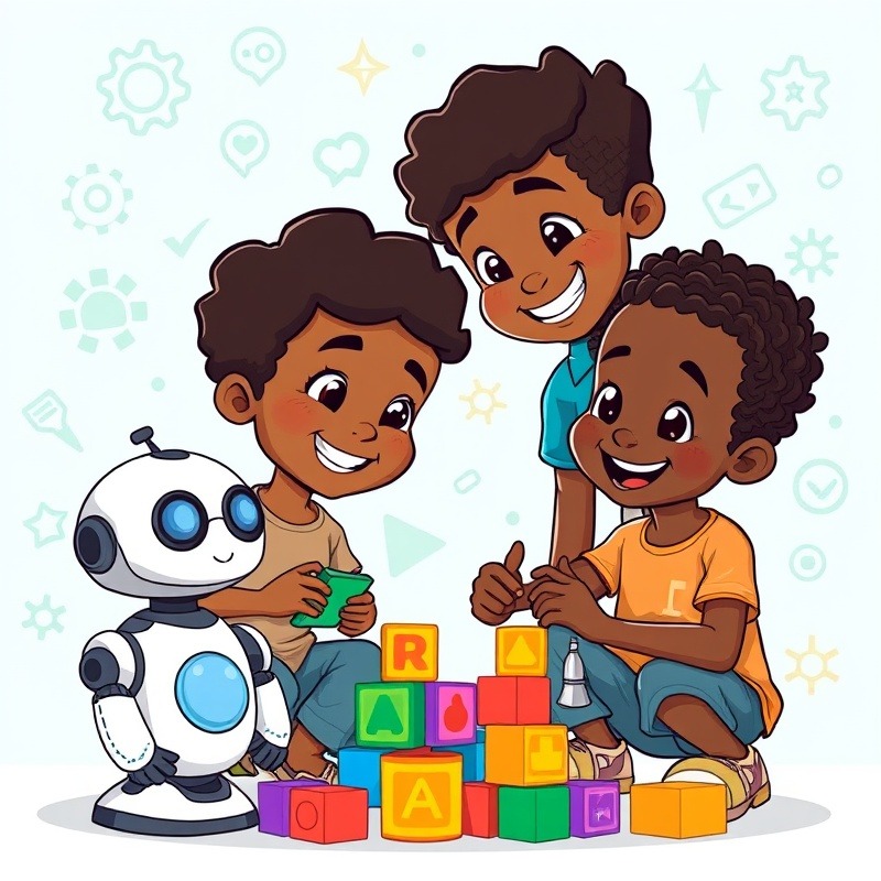 Creative coding scene with children and robot in a cartoon-style illustration.