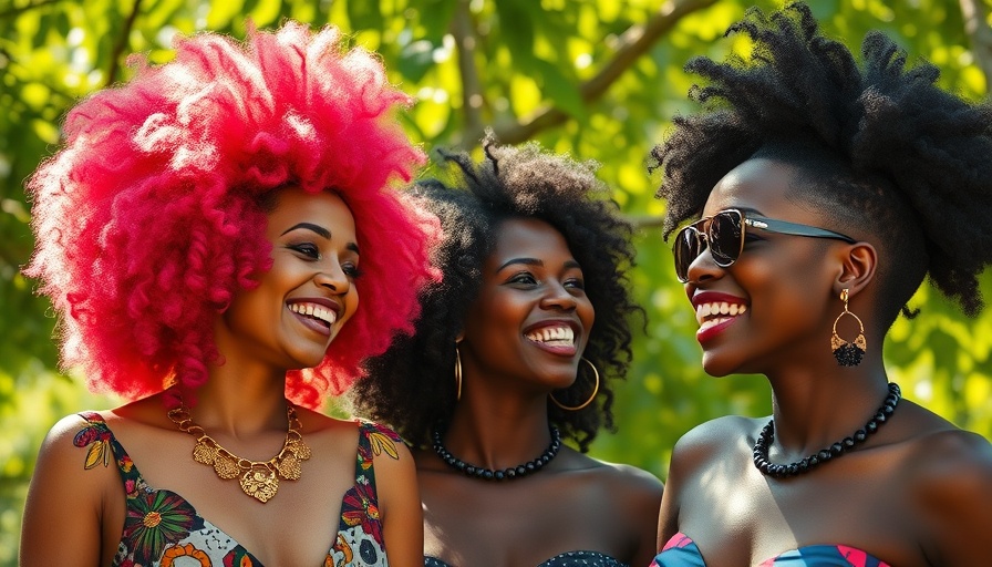 African women filmmakers conversing animatedly amidst vibrant greenery.