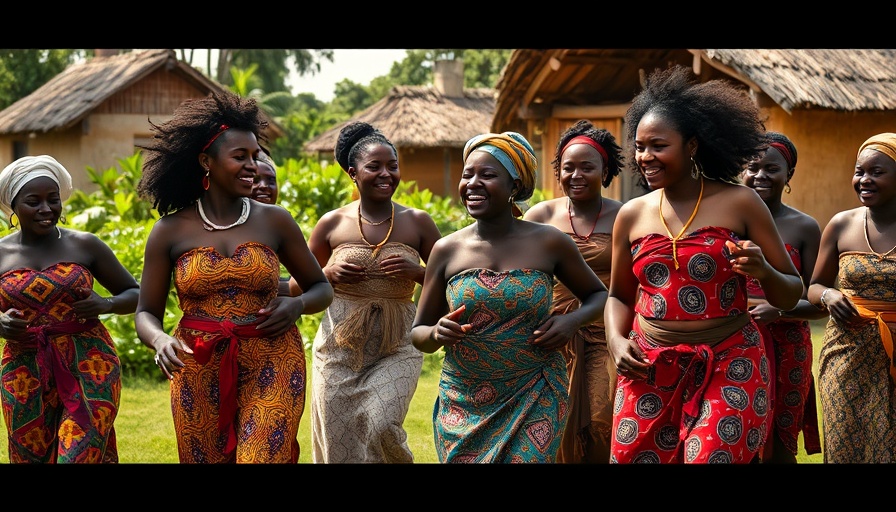 Vibrant scene of African women dancing in traditional attire in a village.
