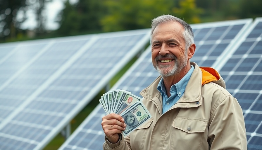 Smiling man with cash by solar panels, alternative lending solutions context