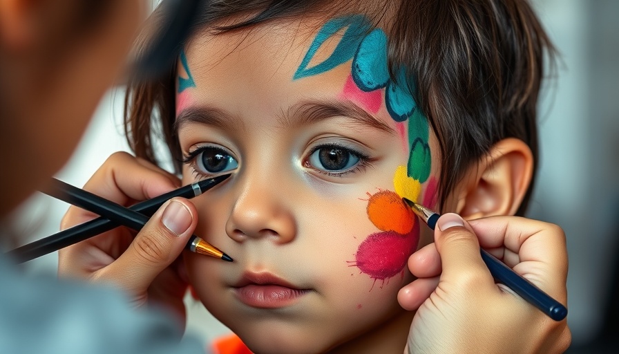 Child with colorful face paint being applied, focused expression.