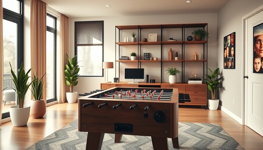 Stylishly arranged man cave office with foosball table and open shelving.
