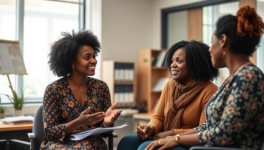 African women filmmakers talking in an office setting, discussing.