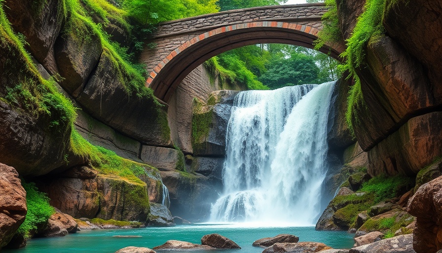 Travel inspiration Finger Lakes scenic waterfall and stone bridge.
