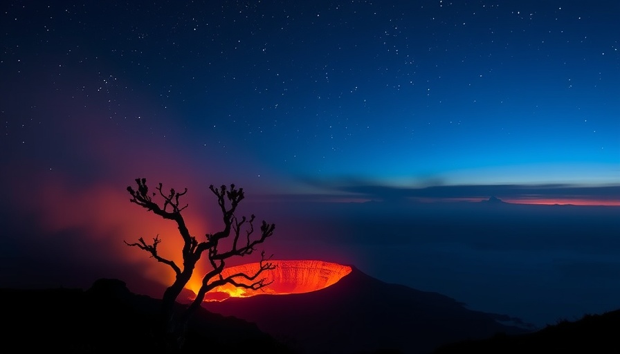 Volcanic eruption under starry night in national park.