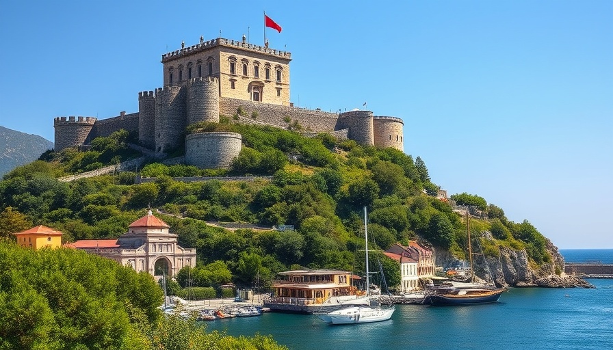French presidential vacation destination: scenic fortress and harbor.