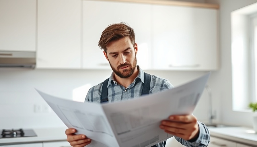 Focused handyman reading blueprints in a modern kitchen.
