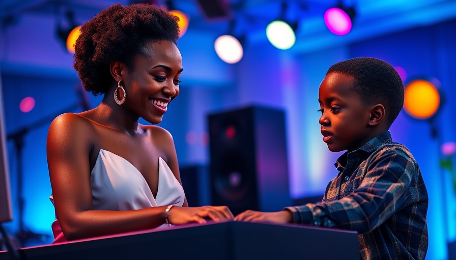 African woman of faith encouraging a boy at keyboard in vibrant studio.