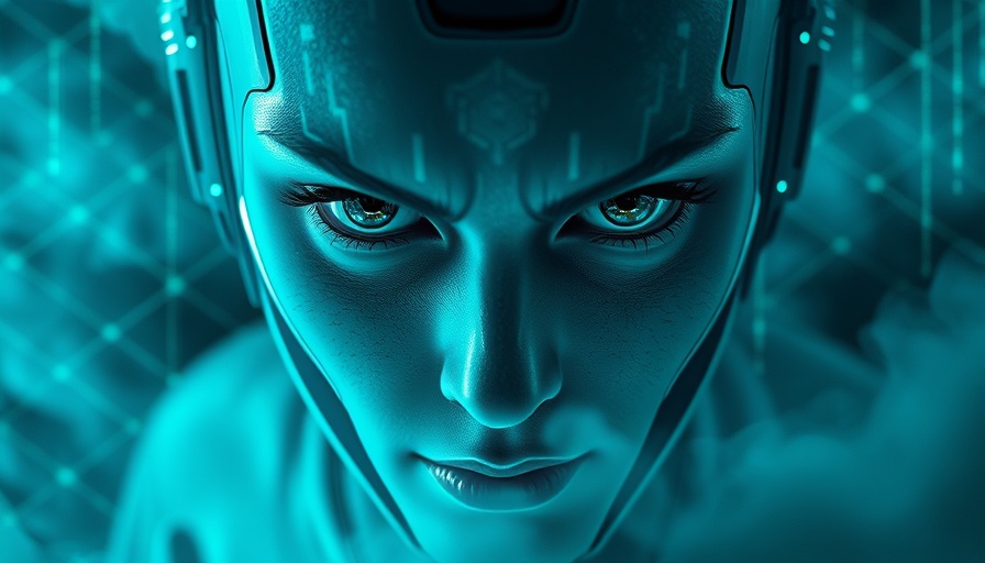 AI impact visual with humanoid face and digital matrix, highlighting technology.
