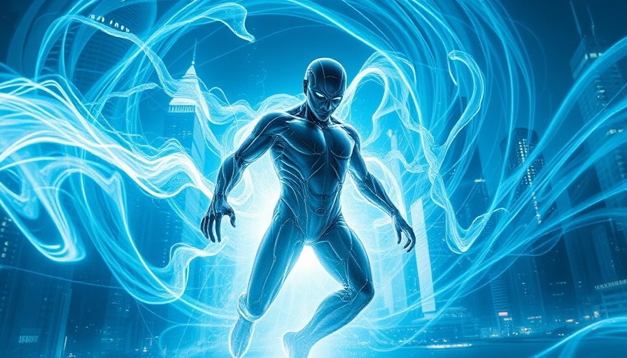 Futuristic humanoid in digital cityscape, harnessing quantum AI energy