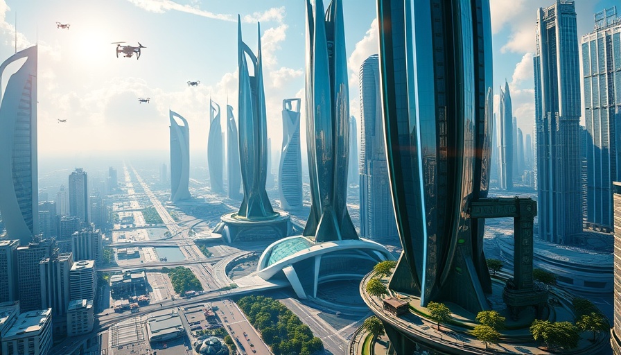 AI Revolution Today: Futuristic cityscape with skyscrapers and drones.