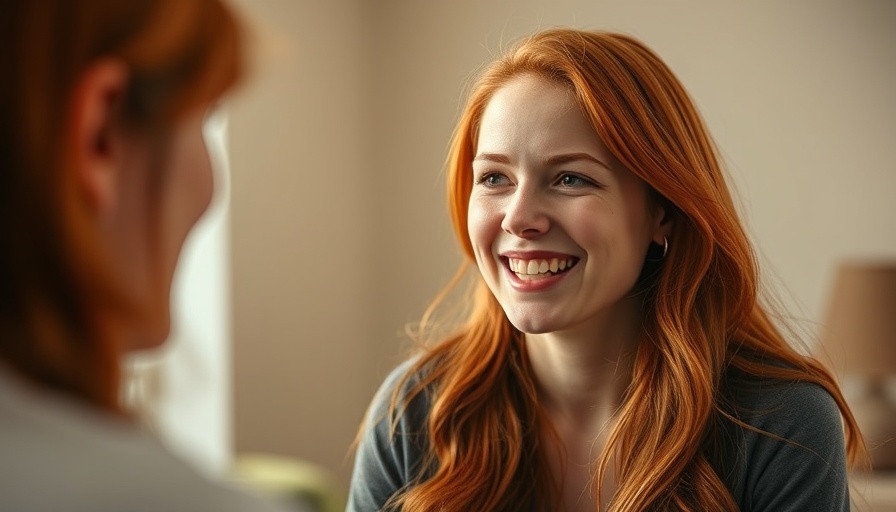 Young red-haired woman smiling and talking indoors, related to digital twins in healthcare.