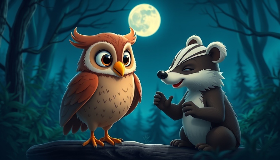 Whimsical cartoon owl and badger conversing in moonlit forest.