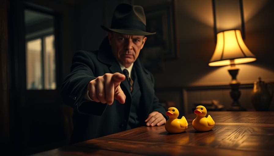 Detective interrogating a rubber duck in a dimly lit room.