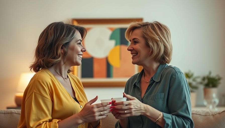 Two women in friendly discussion, warm ambient setting.