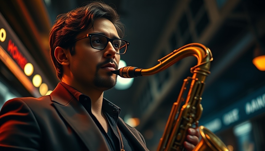 Groove With Me Smooth Jazz saxophonist in an urban setting with bokeh lights.