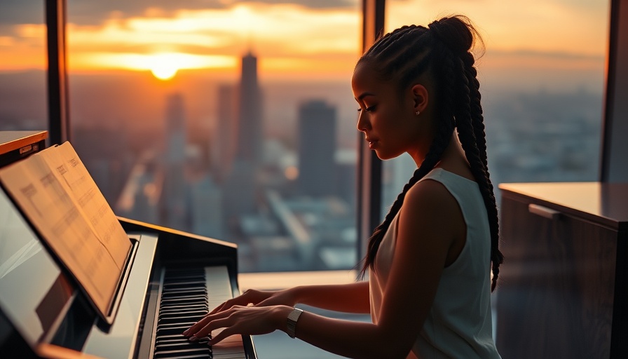Young woman plays piano at sunset, Neo Soul Sax Meets Lo Fi Amapiano vibe.