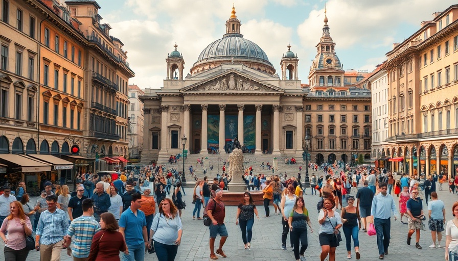 Crowd in Zurich plaza with Opera House, travel inspiration.