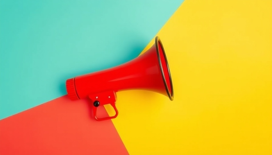 Minimalist red megaphone on a teal and yellow background, symbolizing brand voice and tone.