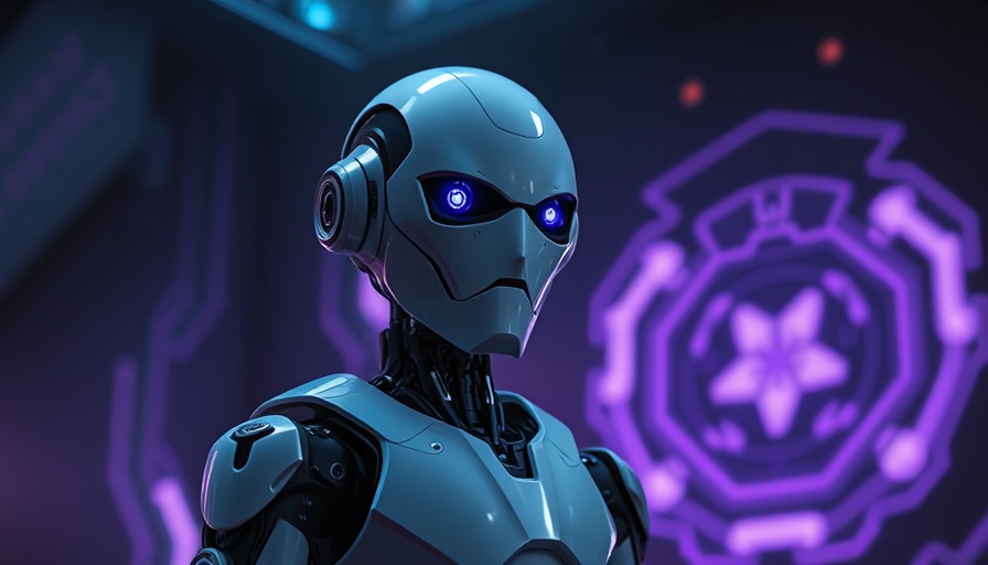 Futuristic robot with purple lighting in a dark setting