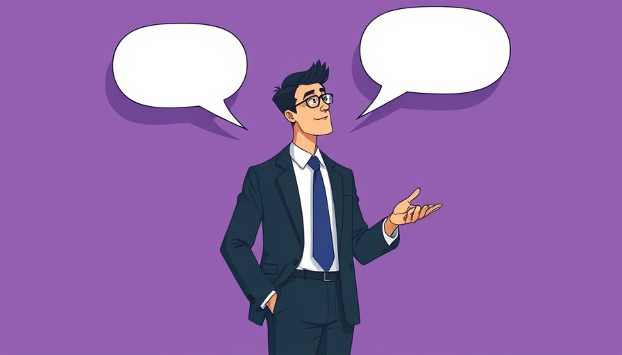 Stylized businessman and speech bubbles illustrating Winning Board Buy-In concept.