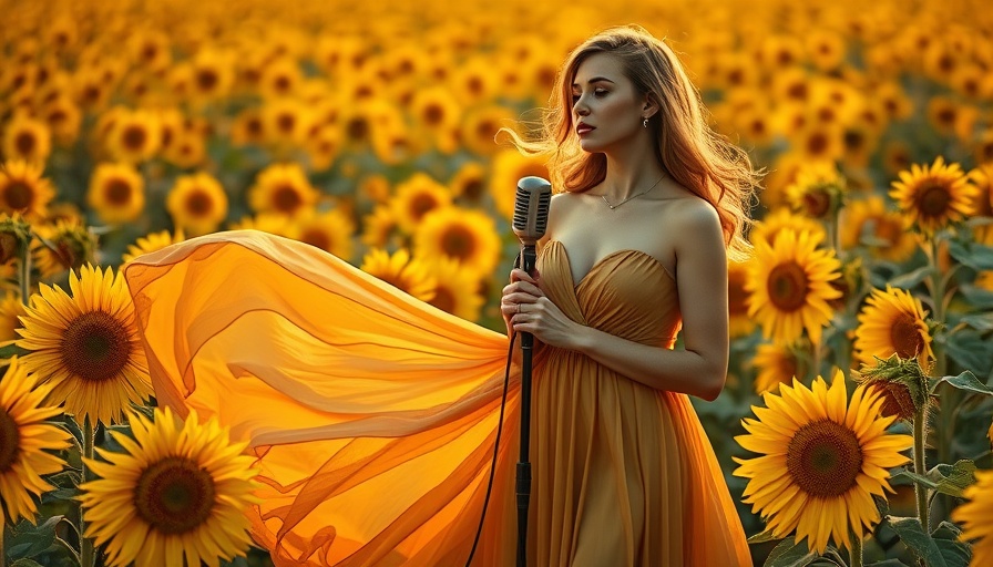 Elegant woman with vintage microphone in sunflower field.