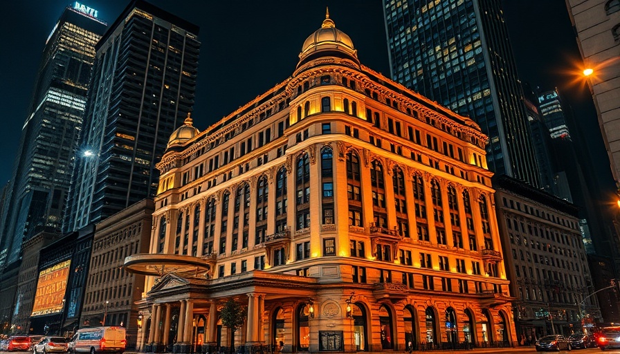 Historic hotel building illuminated at night with city backdrop, Colorado.