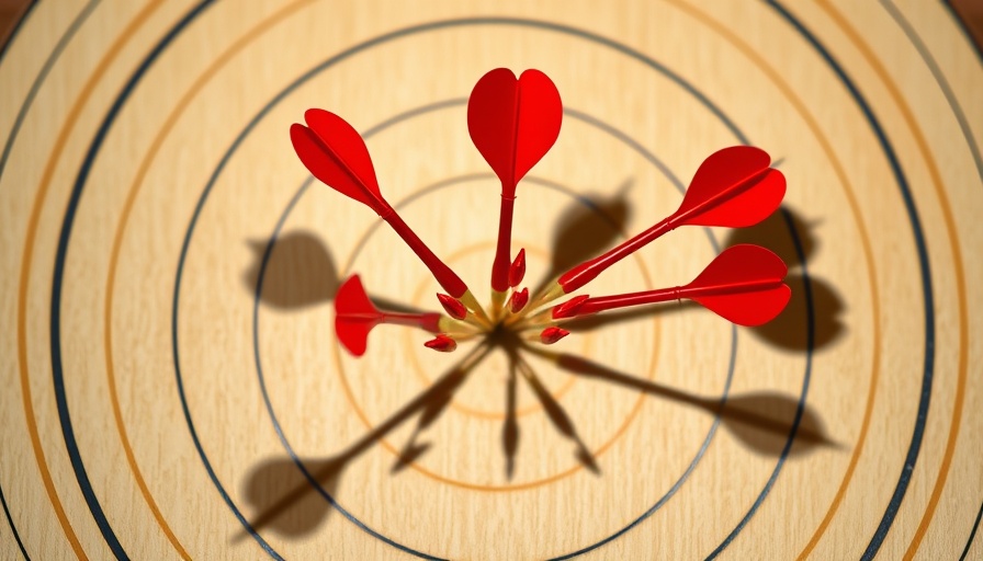 Red darts precisely hitting a wooden target symbolize precision and focus.