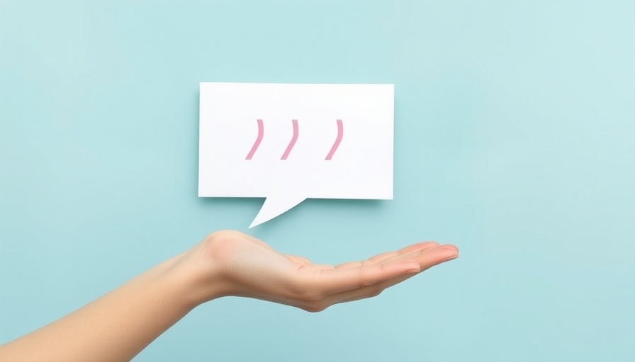 Abstract art of hand with speech bubble on blue, women in business communication tips.