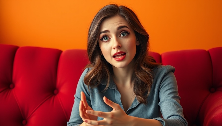 Animated woman talking passionately on a red sofa.