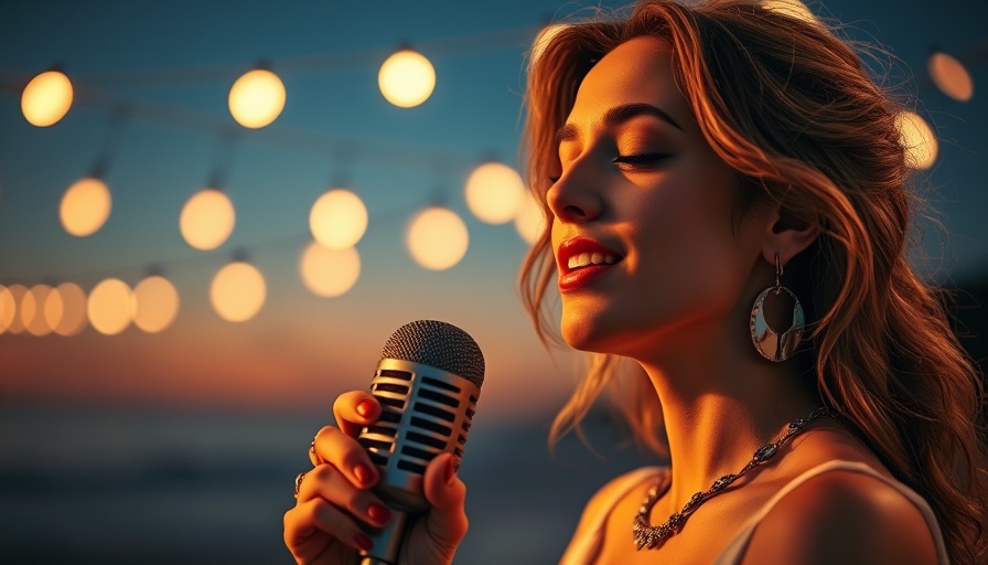 Elegant woman performing Amapiano healing music on beach with lights.
