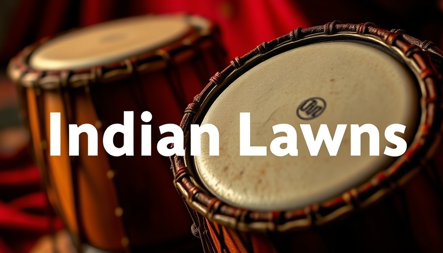 Traditional Indian drums with text overlay on red fabric.