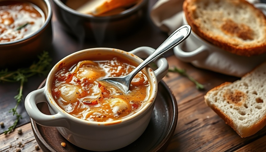 Savory French onion soup recipe in ramekins with crispy topping.
