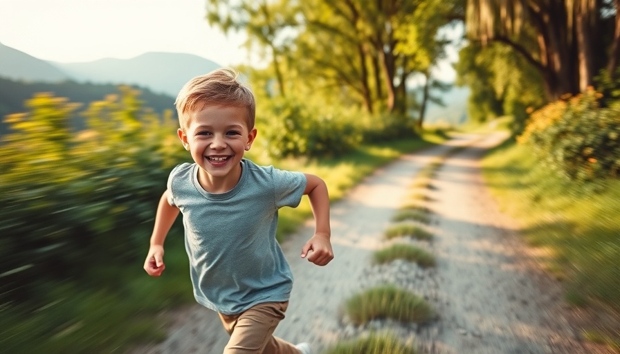 Joyful young boy running on path in nature's embrace.