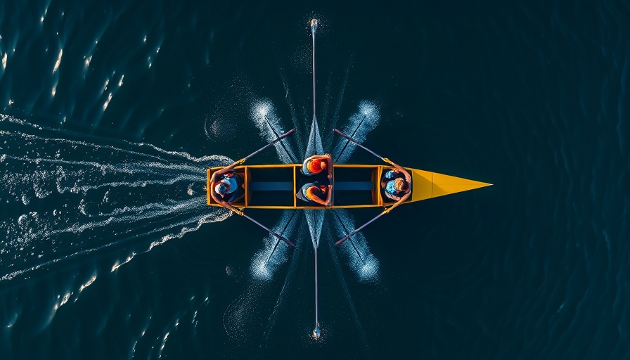 Team rowing in synchronization on a blue lake.