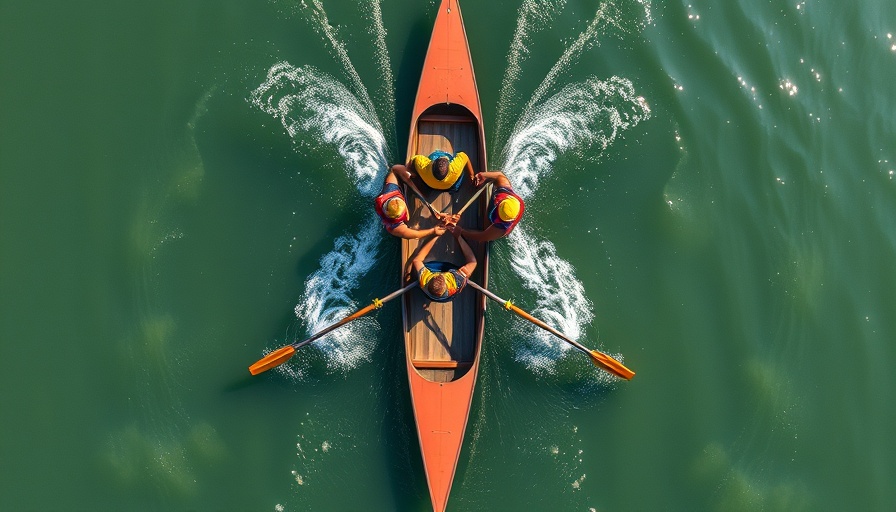 Rowing team coordination on water, symbolizing teamwork.